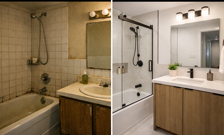 Bathroom renovation before and after showing Tile, fixtures, ventilation, and waterproof detailing.