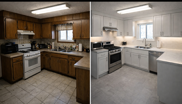 Kitchen renovation before and after showing Cabinetry, countertops, lighting, and durable surfaces.