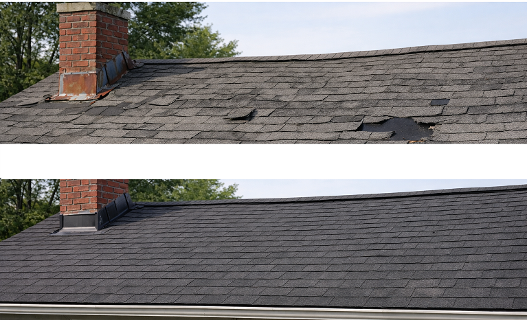 Roofing before and after showing Shingle replacement, flashing, ventilation, and leak protection.