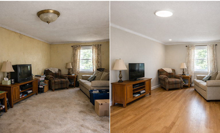 Residential renovation before and after showing flooring and lighting upgrade.
